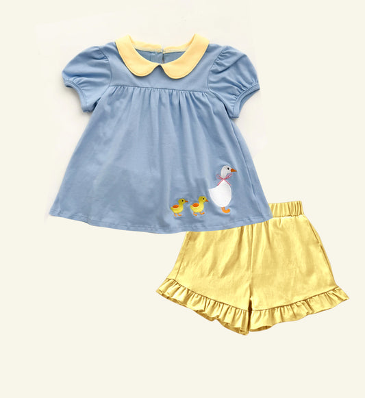 (Pre Order) No moq GSSO2733 PRE-ORDER baby girls clothes duck blue short sleeve shorts set-2025.10.9