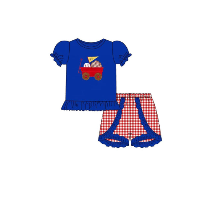 (Pre Order) No moq GSSO2734 PRE-ORDER baby girls clothes baseball blue short sleeve shorts set-2025.10.10