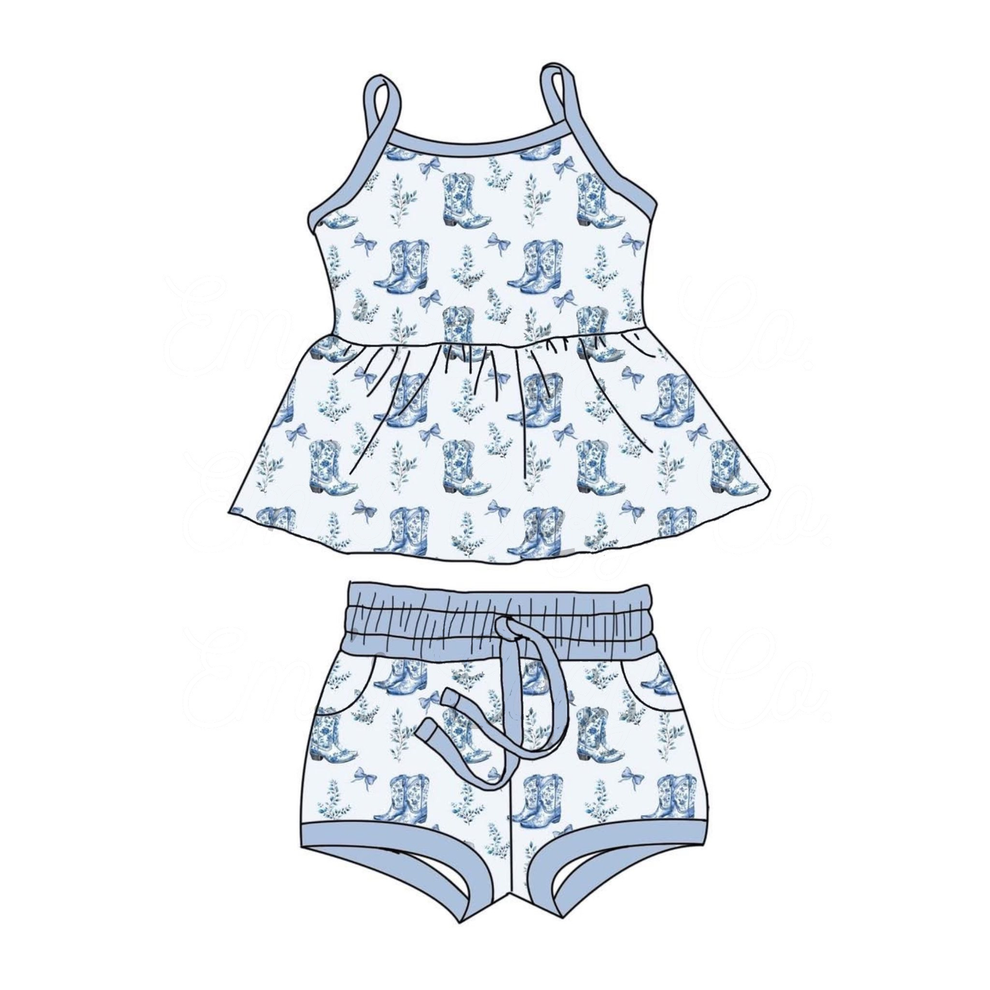 (Pre Order) No moq GSSO2750 PRE-ORDER baby girls clothes boot bow blue suspender shorts set-2025.10.13