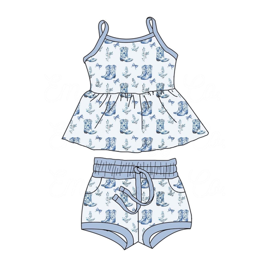 (Pre Order) No moq GSSO2750 PRE-ORDER baby girls clothes boot bow blue suspender shorts set-2025.10.13
