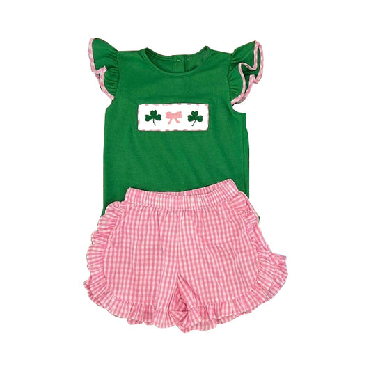 (Pre Order) No moq GSSO2752 PRE-ORDER baby girls clothes green flying sleeve shorts set-2025.10.13