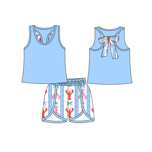 (Pre Order) No moq GSSO2755 PRE-ORDER baby girls clothes lobster bow blue sleeveless shorts set-2025.10.14