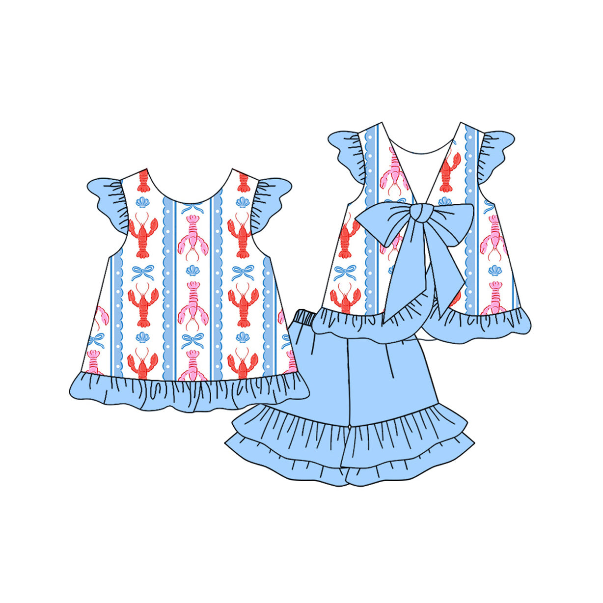 (Pre Order) No moq GSSO2756 PRE-ORDER baby girls clothes lobster bow blue flying sleeve shorts set-2025.10.14