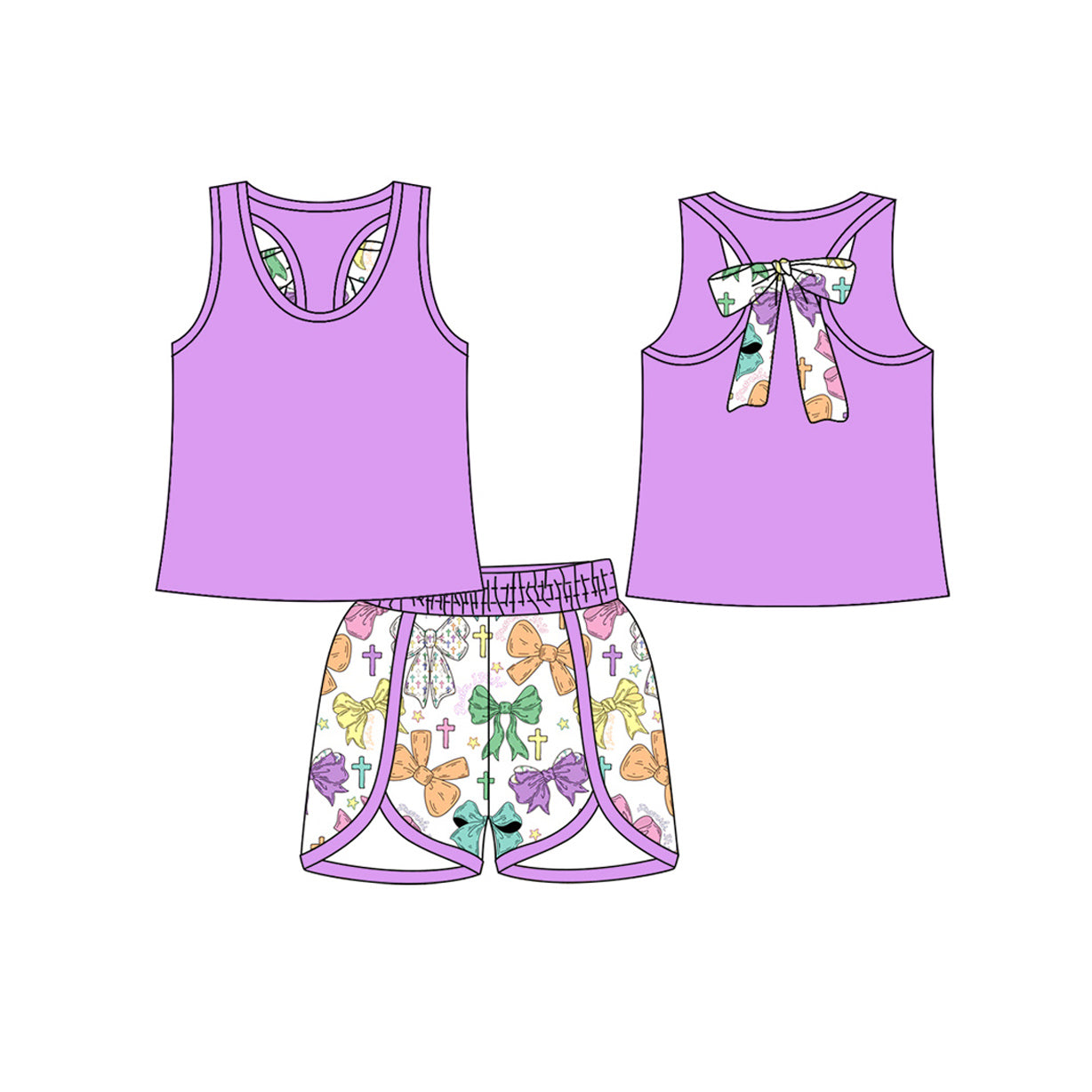 (Pre Order) No moq GSSO2757 PRE-ORDER baby girls clothes bow purple sleeveless shorts set-2025.10.14