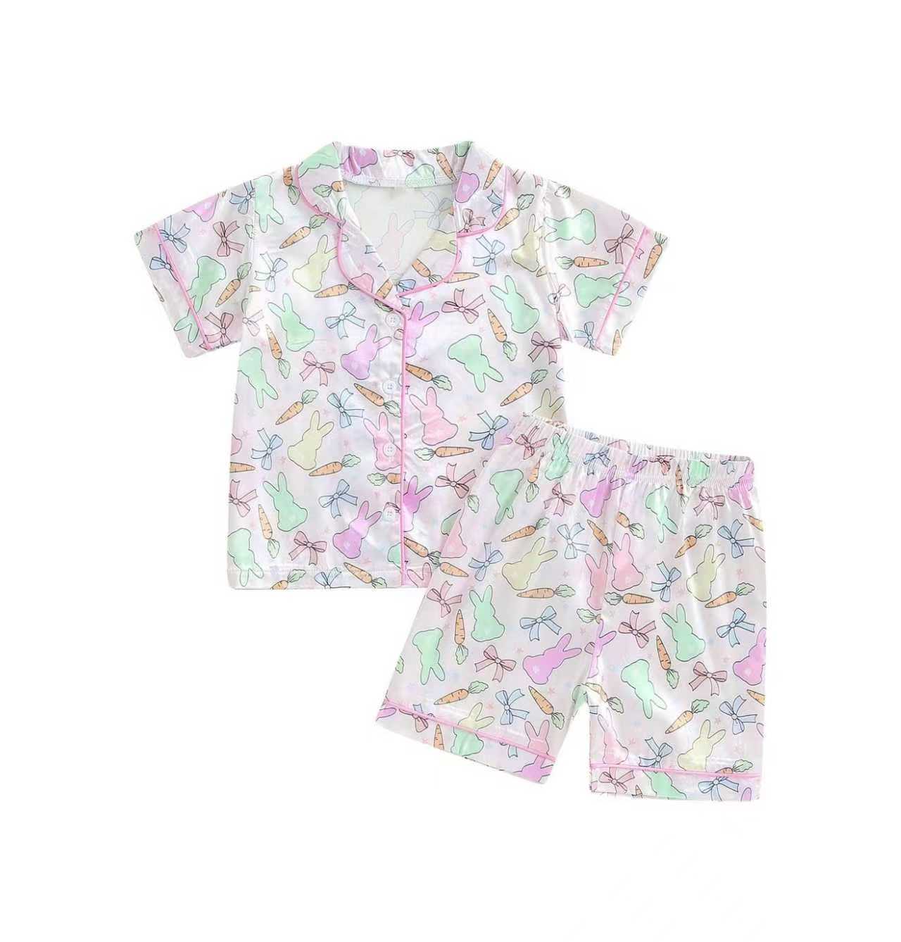 (Pre Order) No moq GSSO2768 PRE-ORDER baby girls clothes easter bunny bow short sleeve shorts set-2025.10.18