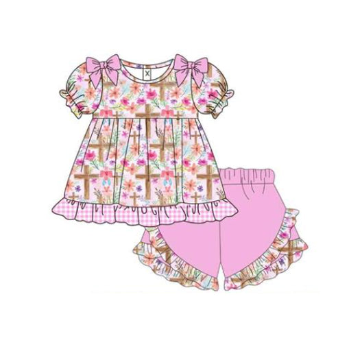 (Pre Order) No moq GSSO2782 PRE-ORDER baby girls clothes easter floral short sleeve shorts set-2025.10.23