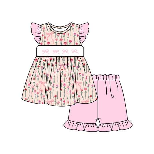(Pre Order) No moq GSSO2789 PRE-ORDER baby girls clothes bow floral flying sleeve shorts set-2025.10.24