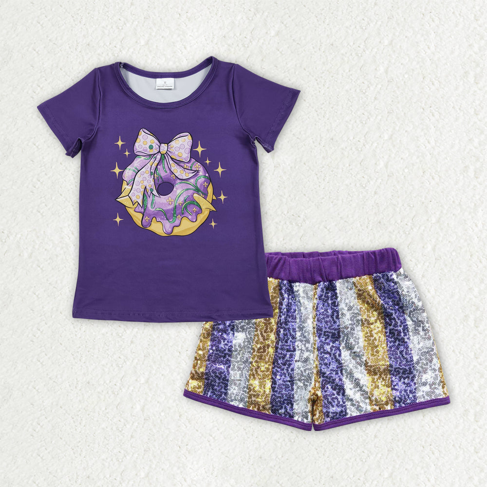 RTS NO MOQ（In Stock) GSSO2804 mardi gras boots short-sleeved top sequined shorts set-GT1252+SS0115