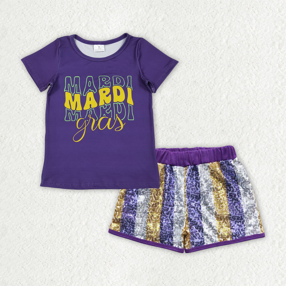 RTS NO MOQ（In Stock) GSSO2805 mardi gras boots short-sleeved top sequined shorts set-GT1253+SS0115