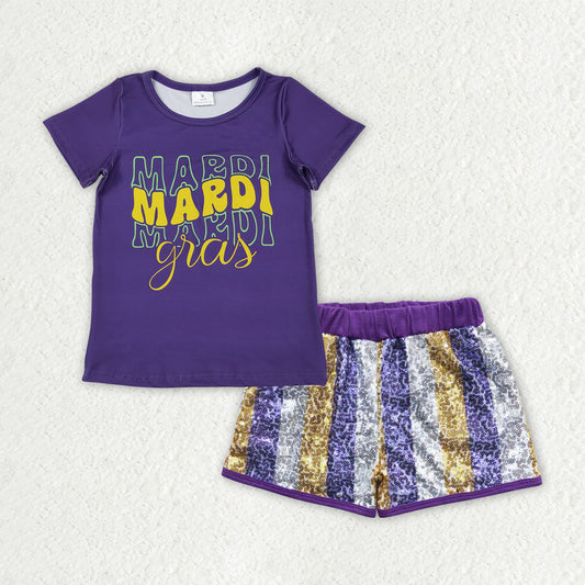 RTS NO MOQ（In Stock) GSSO2805 mardi gras boots short-sleeved top sequined shorts set-GT1253+SS0115