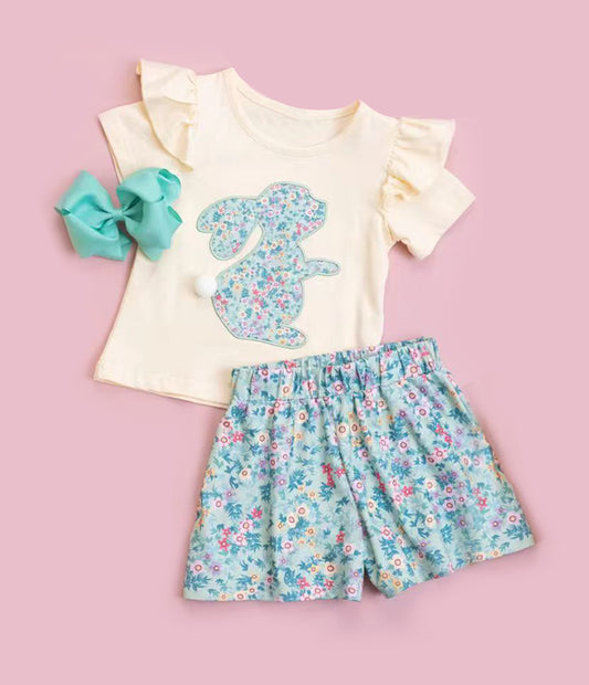 (Pre Order) No moq GSSO2808 Pre-order baby girl clothes bunny floral short sleeve shorts sets-2025.10.30