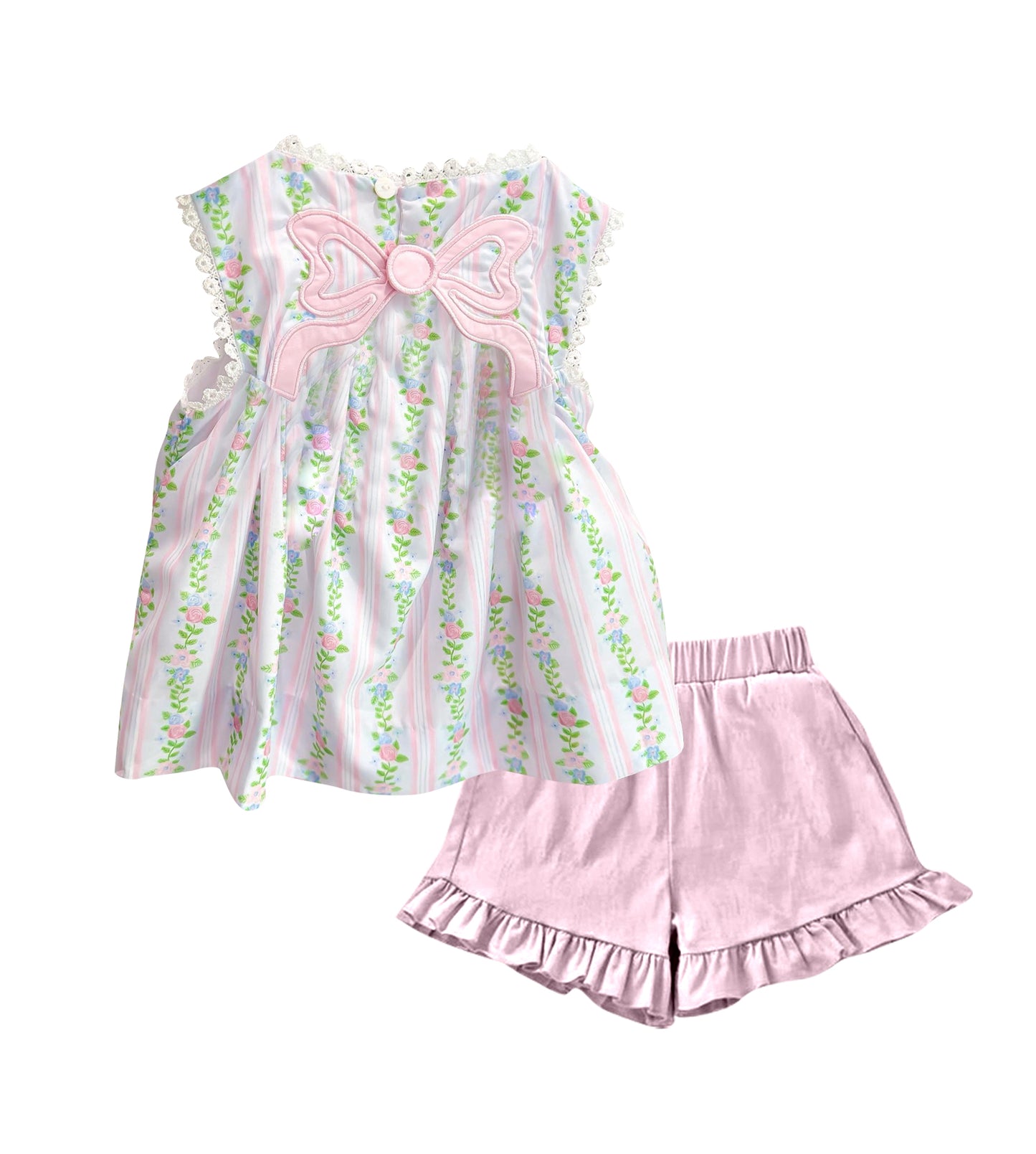 (Pre Order) No moq GSSO2810 Pre-order baby girl clothes floral bow sleeveless shorts sets-2025.10.31