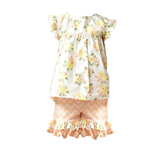 (Pre Order) No moq GSSO2811 Pre-order baby girl clothes floral flying sleeve shorts sets-2025.10.31