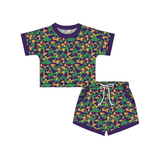 (Pre Order) No moq GSSO2813 Pre-order baby girl clothes mardi gras camouflage short sleeve shorts sets-2025.10.31