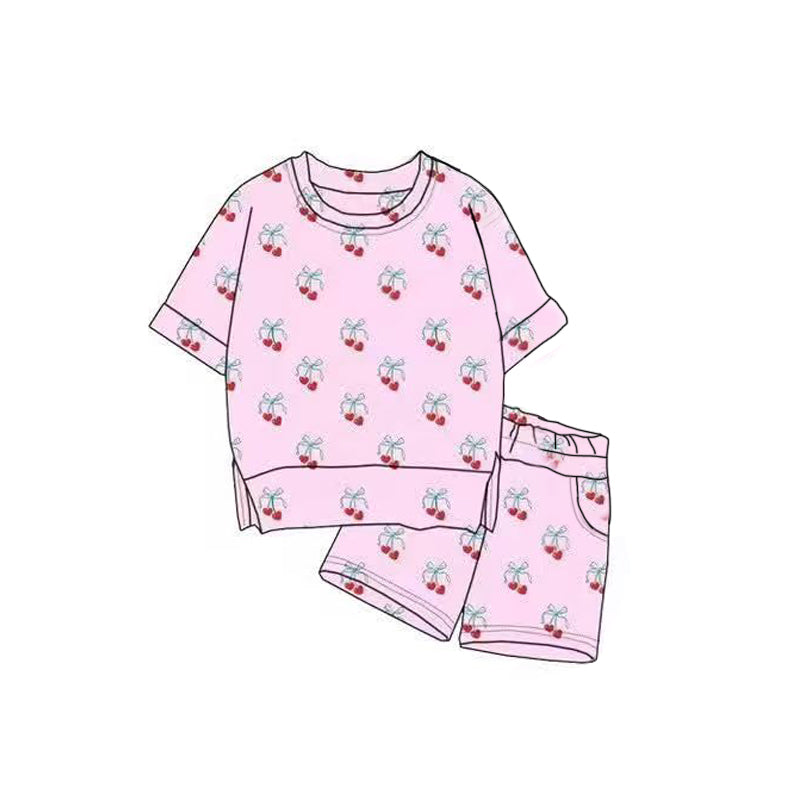 (Pre Order) No moq GSSO2816 Pre-order baby girl clothes cherry bow short sleeve shorts sets-2025.11.1