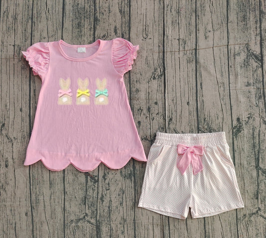 (Pre Order) No moq GSSO2829 Pre-order baby girl clothes embroidery bunny bow pink short sleeve shorts sets-2025.11.30
