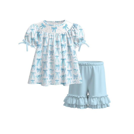 (Pre Order) No moq GSSO2833 Pre-order baby girl clothes bow blue short sleeve shorts sets-2025.11.4