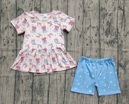 (Pre Order) No moq GSSO2837 Pre-order baby girl clothes boots bow short sleeve shorts sets-2025.11.13