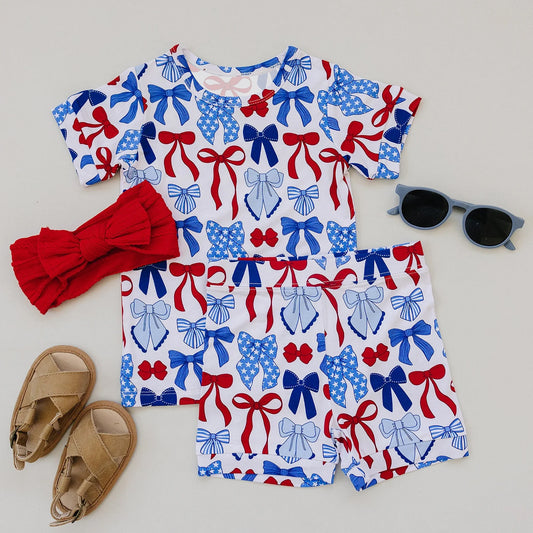 (Pre Order) No moq GSSO2848 Pre-order baby girl clothes bow short sleeve shorts sets-2025.11.6