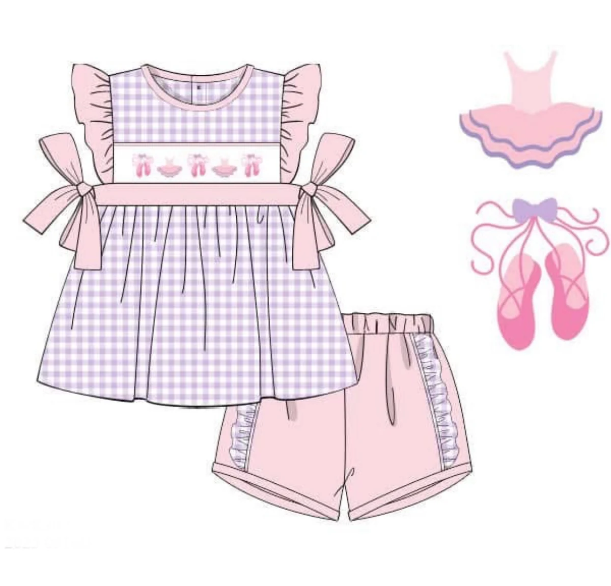 (Pre Order) No moq GSSO2871 Pre-order baby girl clothes ballet shoes pink flying sleeve shorts sets-2025.11.14