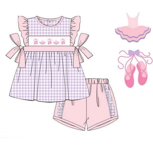 (Pre Order) No moq GSSO2871 Pre-order baby girl clothes ballet shoes pink flying sleeve shorts sets-2025.11.14