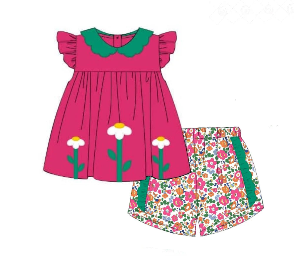 (Pre Order) No moq GSSO2873 Pre-order baby girl clothes floral rose red flying sleeve shorts sets-2025.11.14