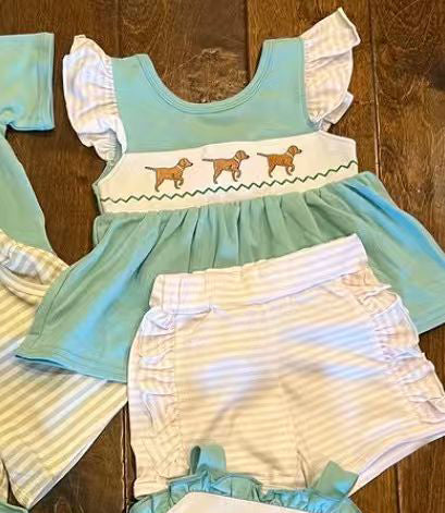 (Pre Order) No moq GSSO2876 Pre-order baby girl clothes puppy flying sleeve shorts sets-2025.11.14