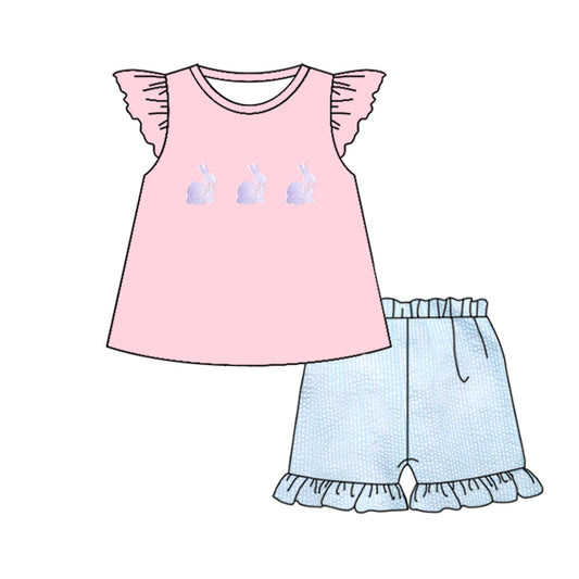 (Pre Order) No moq GSSO2882 Pre-order baby girl clothes bunny blue and pink flying sleeve shorts sets-2025.11.14
