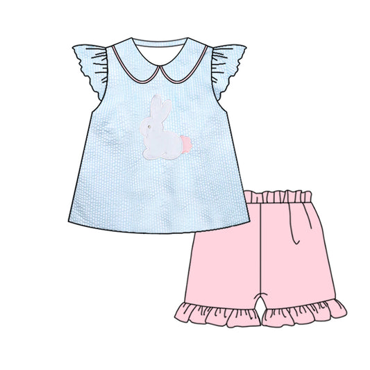 (Pre Order) No moq GSSO2883 Pre-order baby girl clothes bunny blue and pink flying sleeve shorts sets-2025.11.14