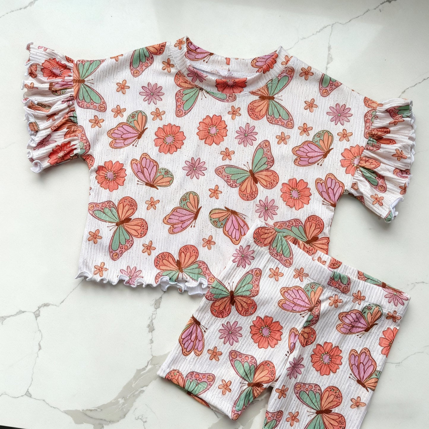 (Pre Order) No moq GSSO2886 Pre-order baby girl clothes floral butterfly short sleeve shorts sets-2025.11.15