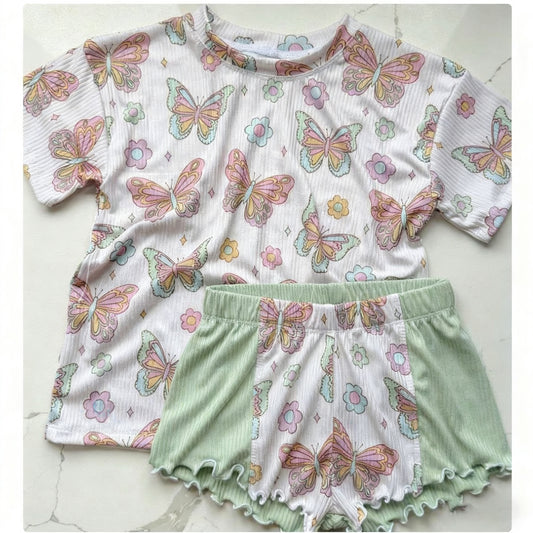(Pre Order) No moq GSSO2892 Pre-order baby girl clothes floral butterfly short sleeve shorts sets-2025.11.15