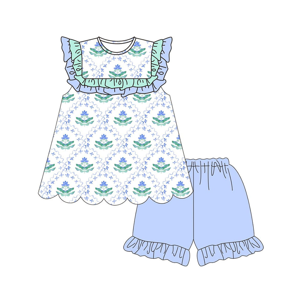 (Pre Order) No moq GSSO2948 Pre-order baby girl clothes bow floral sleeveless shorts sets-2025.11.24