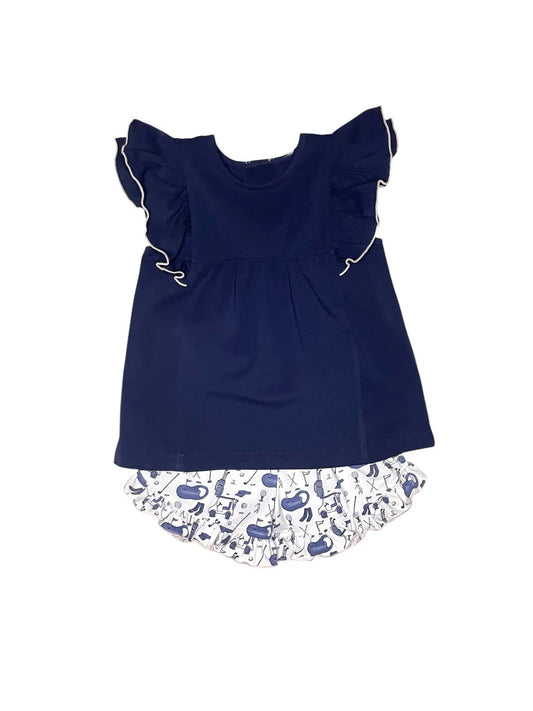 (Pre Order) No moq Pre-order baby girl clothes navy blue flying sleeve shorts sets-2025.11.27