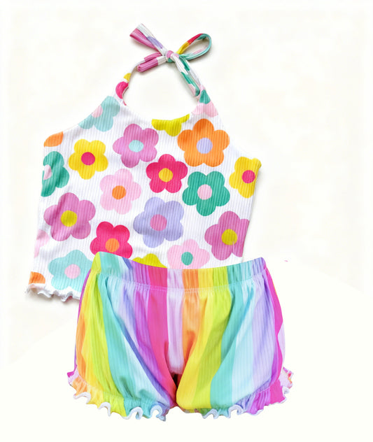 (Pre Order) No moq Pre-order baby girl clothes floral suspender shorts sets-2025.11.27