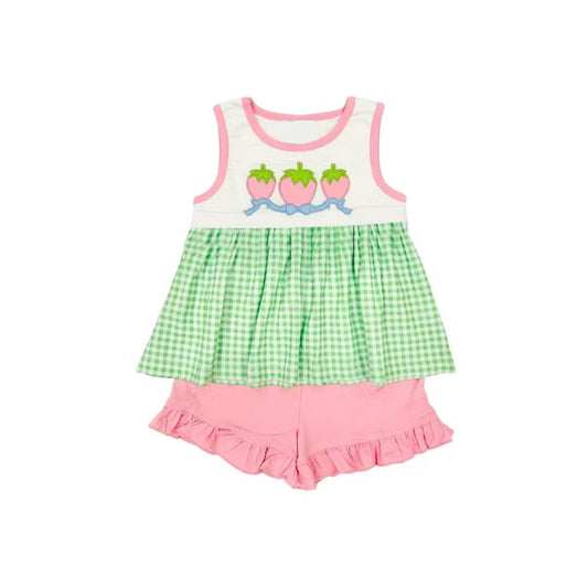 (Pre Order) No moq Pre-order baby girl clothes strawberry bow sleeveless shorts sets-25.11.29