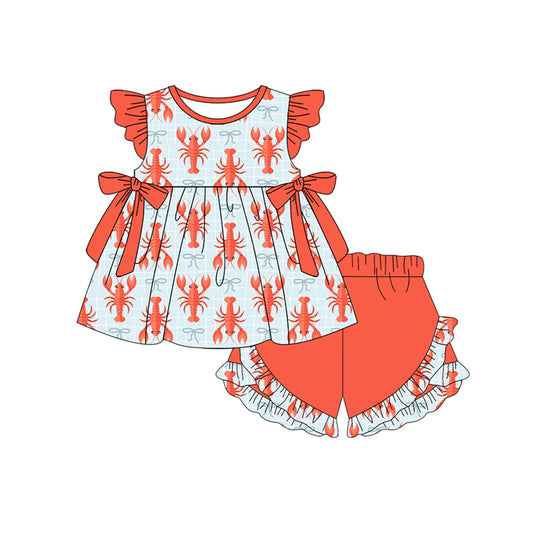 (Pre Order) No moq Pre-order baby girl clothes lobster red flying sleeve shorts sets-25.12.5