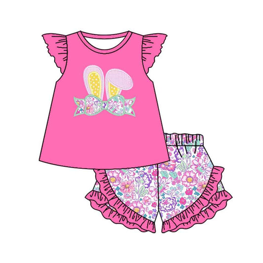 (Pre Order) No moq Pre-order baby girl clothes bunny floral rose red flying sleeve shorts sets-25.12.5