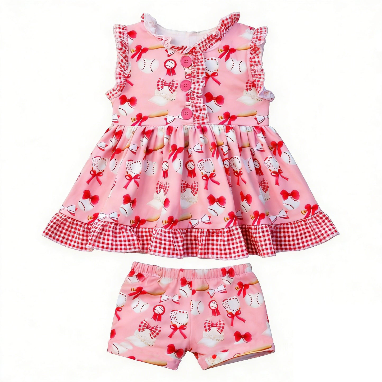 (Pre Order) No moq Pre-order baby girl clothes baseball bow sleeveless shorts sets-2025.12.26
