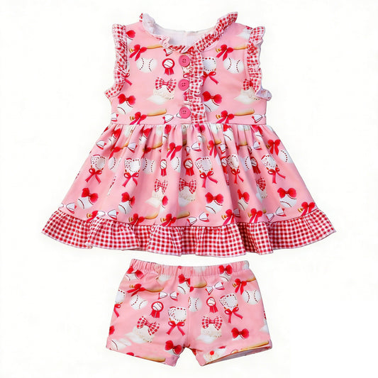 (Pre Order) No moq Pre-order baby girl clothes baseball bow sleeveless shorts sets-2025.12.26