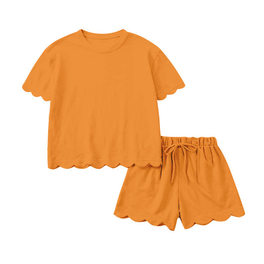 (Pre Order) No moq GSSO3178 Pre-order scallop baby girl clothes orange short sleeve shorts sets-2026.1.14