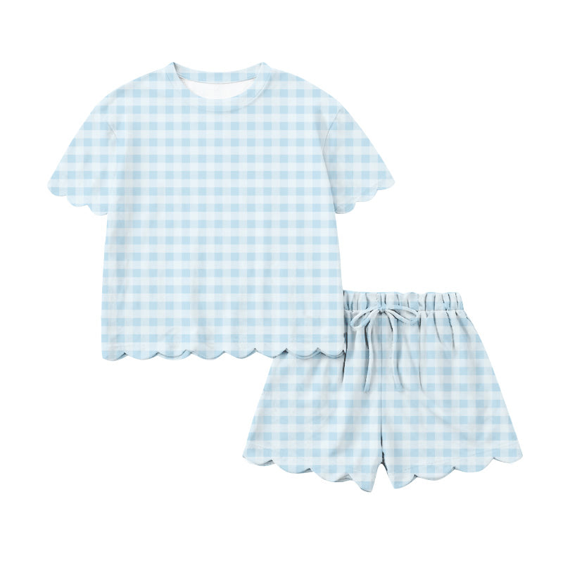 (Pre Order) No moq Checkered  scallops Wave Loose Girl System Spring Cute Set sibling more color sets