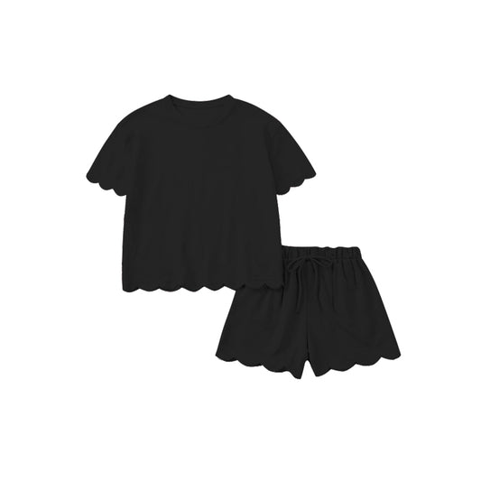 (Pre Order) No moq GSSO3200 Pre-order scallop adult clothes summer black short sleeve shorts sets-26.1.15