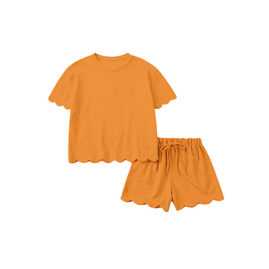 (Pre Order) No moq GSSO3206 Pre-order scallop adult clothes summer orange short sleeve shorts sets-26.1.15