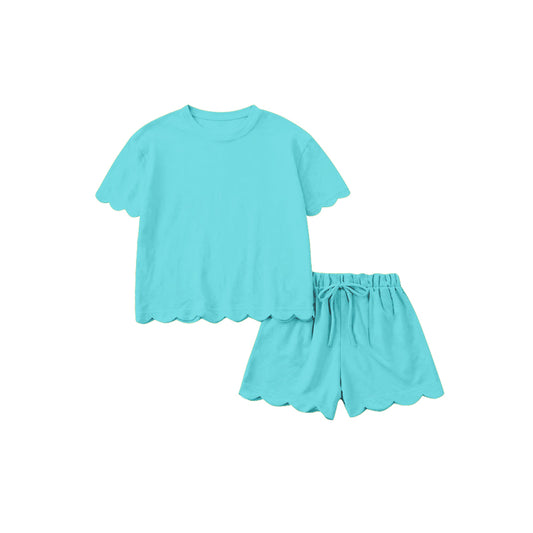 (Pre Order) No moq GSSO3208 Pre-order scallop adult clothes summer blue and green short sleeve shorts sets-26.1.15