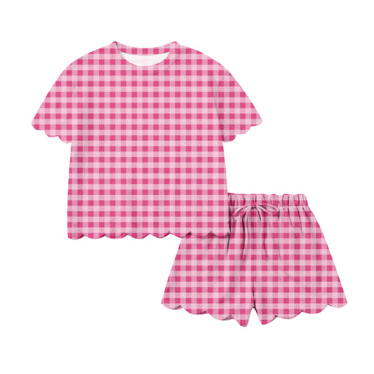 (Pre Order) No moq GSSO3219 Pre-order scallop adult clothes summer plaid short sleeve shorts sets-26.1.16