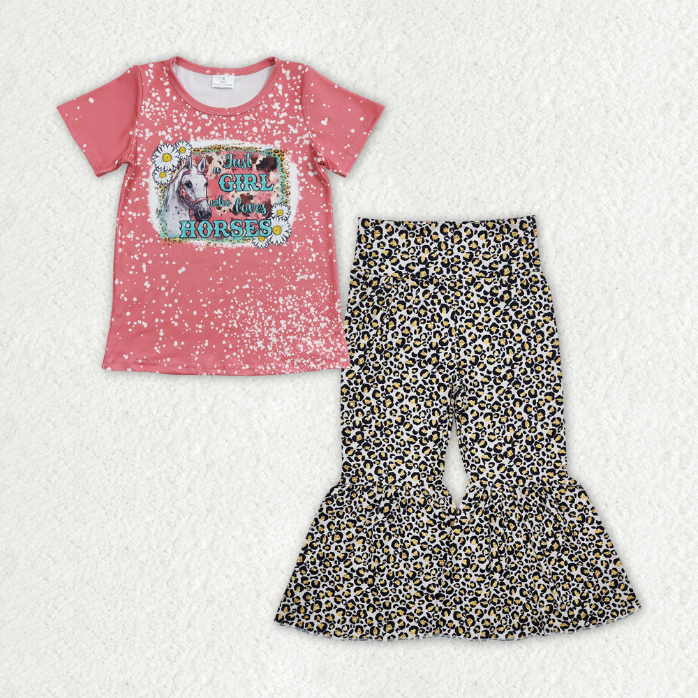 RTS NO MOQ ETA 5/7days Arrived GT0095+P0460 Girls GIRL horse daisy pink short-sleeved top Brown leopard light-colored trousers sets