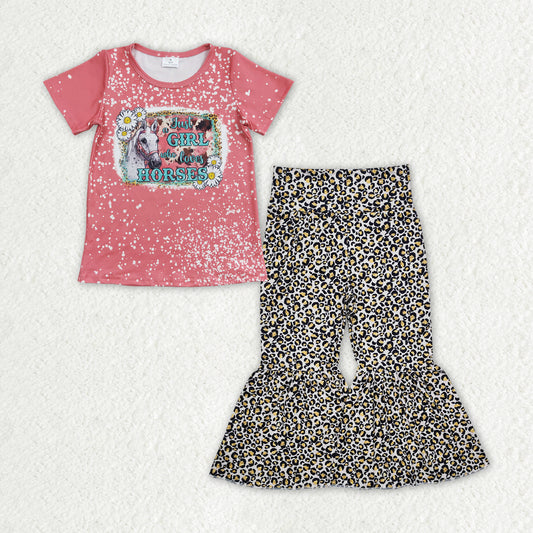 RTS NO MOQ ETA 5/7days Arrived GT0095+P0460 Girls GIRL horse daisy pink short-sleeved top Brown leopard light-colored trousers sets