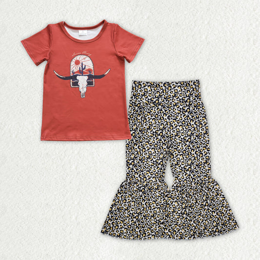 RTS NO MOQ ETA 5/7days Arrived GT0106+P0460 Girls bull head cactus brown short-sleeved top Brown leopard light-colored trousers sets