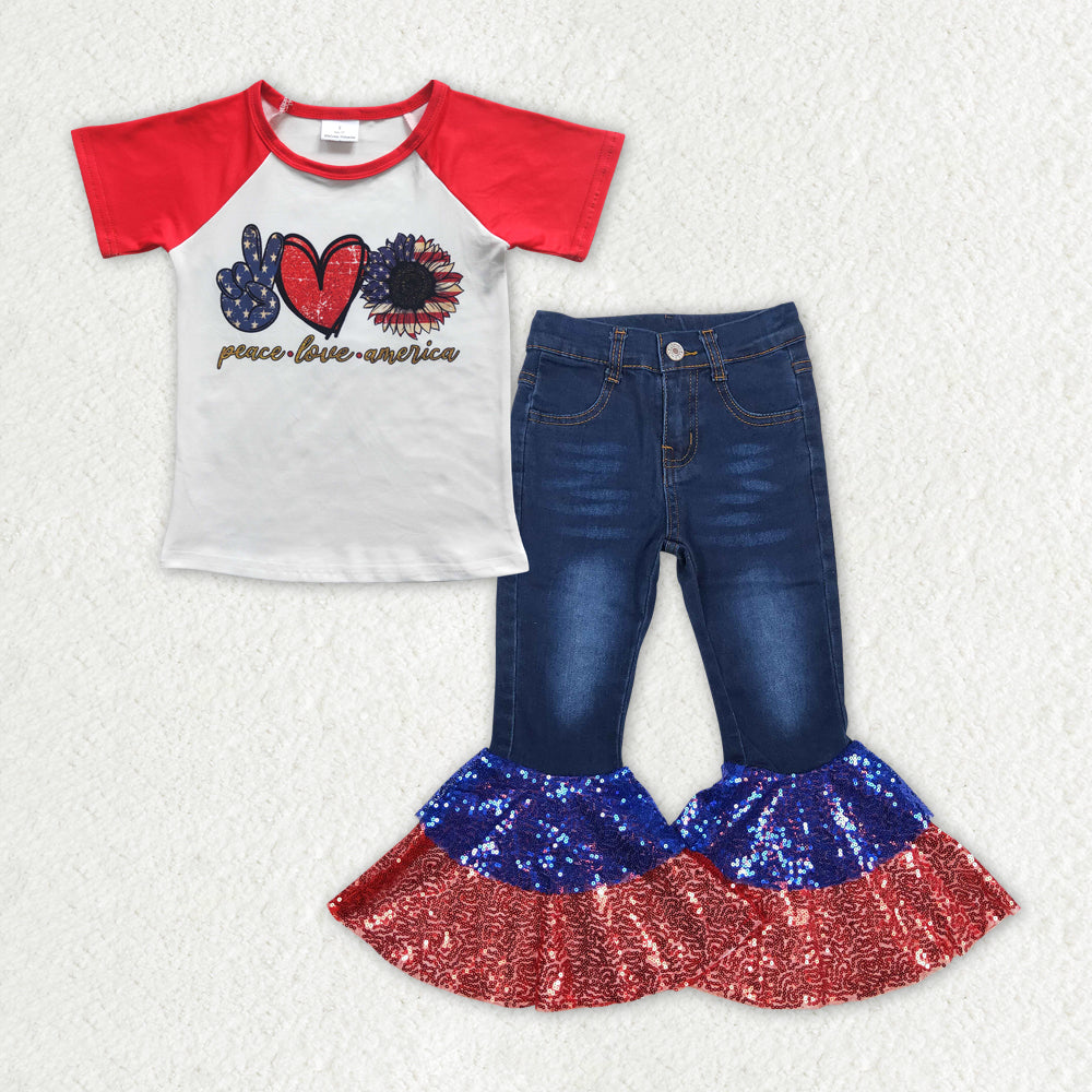 rts no moq GT0108+P0430 Girls National Day peace love short-sleeved top Red and blue sequined dark blue denim pants