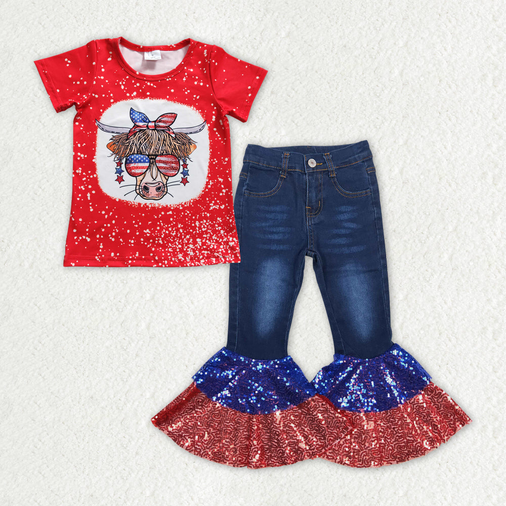 rts no moq GT0114+P0430 Girls National Day Cow Sunglasses Red Short Sleeve Top Red and blue sequined dark blue denim pants